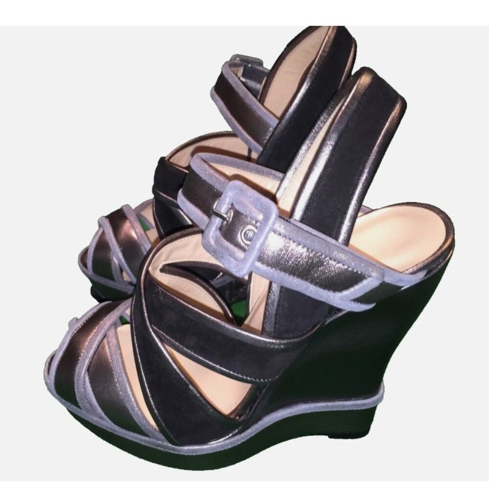 Oscar De La Renta Nap Antraci Wedges women’s shoes Silver & Black 37.5, US 7 NIB
